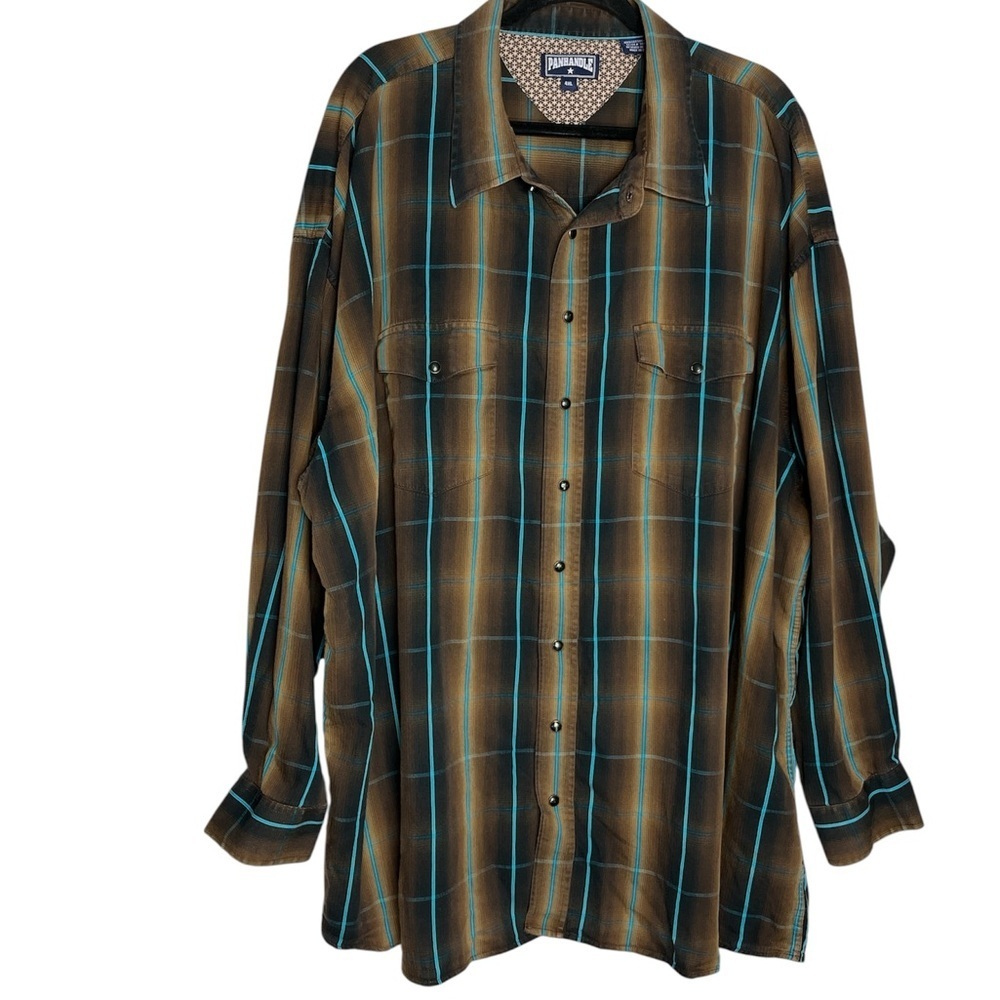Panhandle Brown & Turquoise Blue Plaid Snap Button Long Sleeve Cotton Shirt-4XL